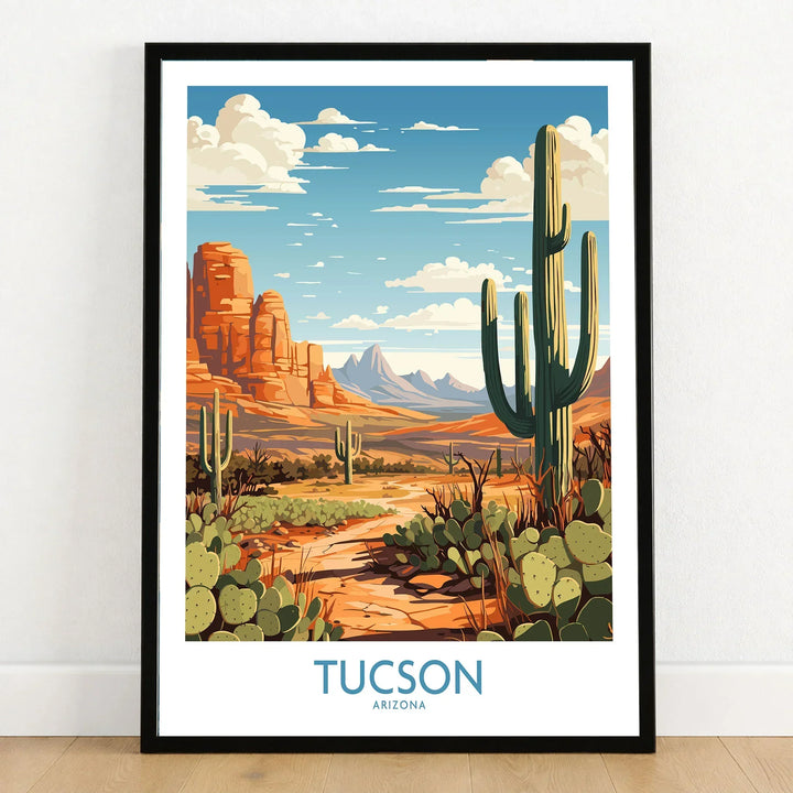 Tucson Arizona Wall Art in a black wooden frame leaning against a white wall on a light wooden floor
