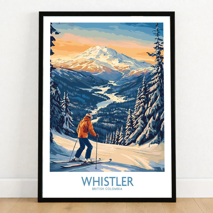 Whistler Ski Print - British Columbia in a black wooden frame leaning against a white wall on a light wooden floor