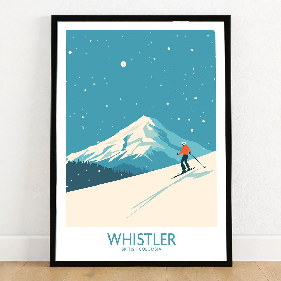 Whistler Wall Art Print -  British Columbia in a black wooden frame leaning against a white wall on a light wooden floor