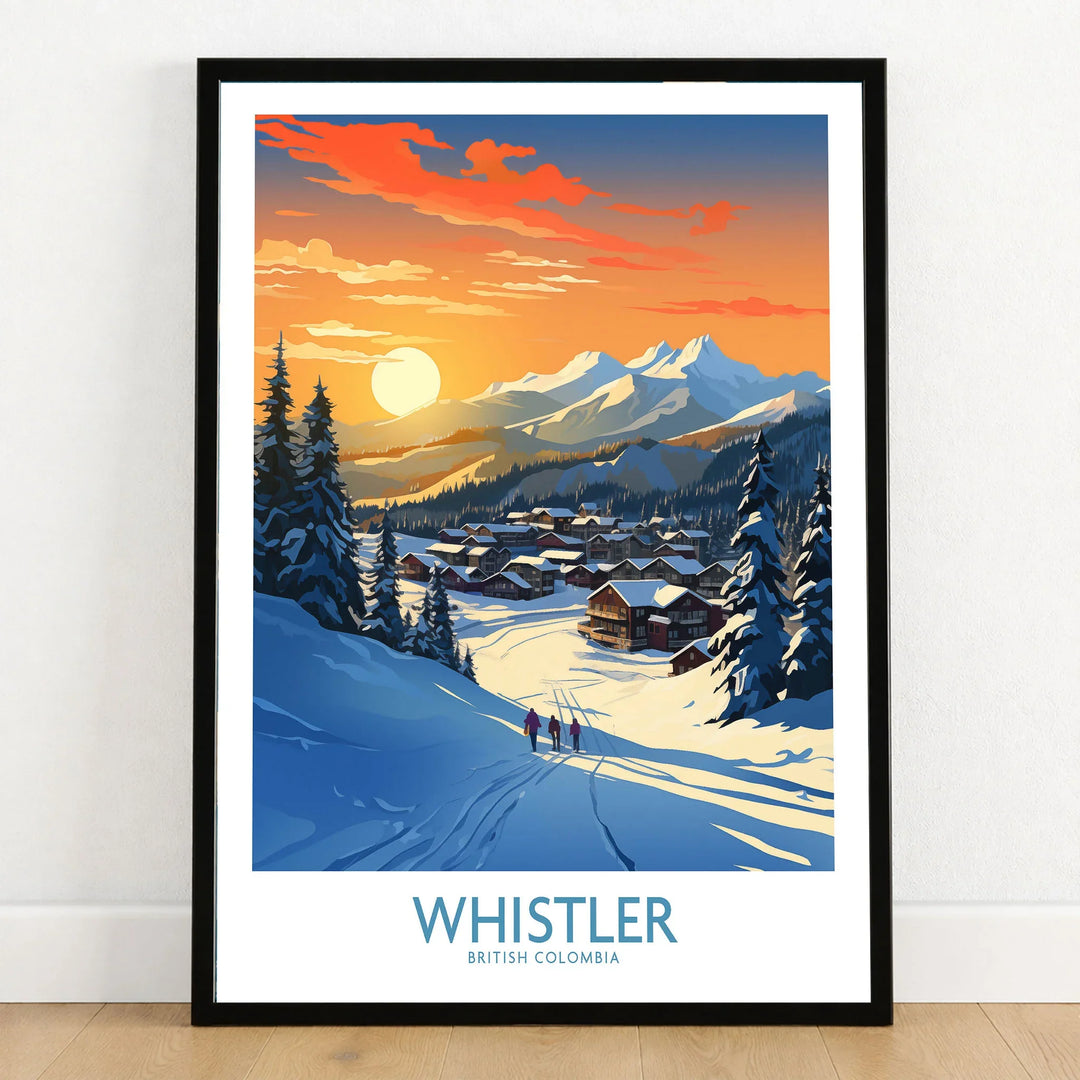 Whistler Wall Art Ski Poster in a black wooden frame leaning against a white wall on a light wooden floor