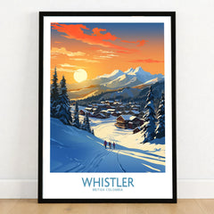 Whistler Wall Art Ski Poster in a black wooden frame leaning against a white wall on a light wooden floor