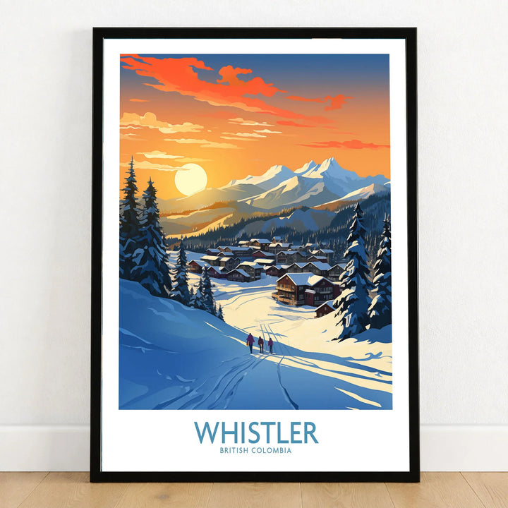 Whistler Wall Art Ski Poster in a black wooden frame leaning against a white wall on a light wooden floor