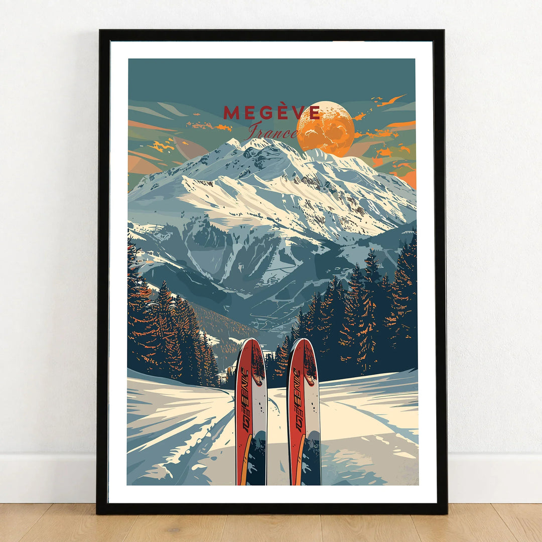 Megève Travel Poster - France in a black wooden frame leaning against a white wall on a light wooden floor