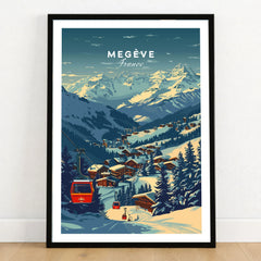Megève Print France Ski Poster in a black wooden frame leaning against a white wall on a light wooden floor