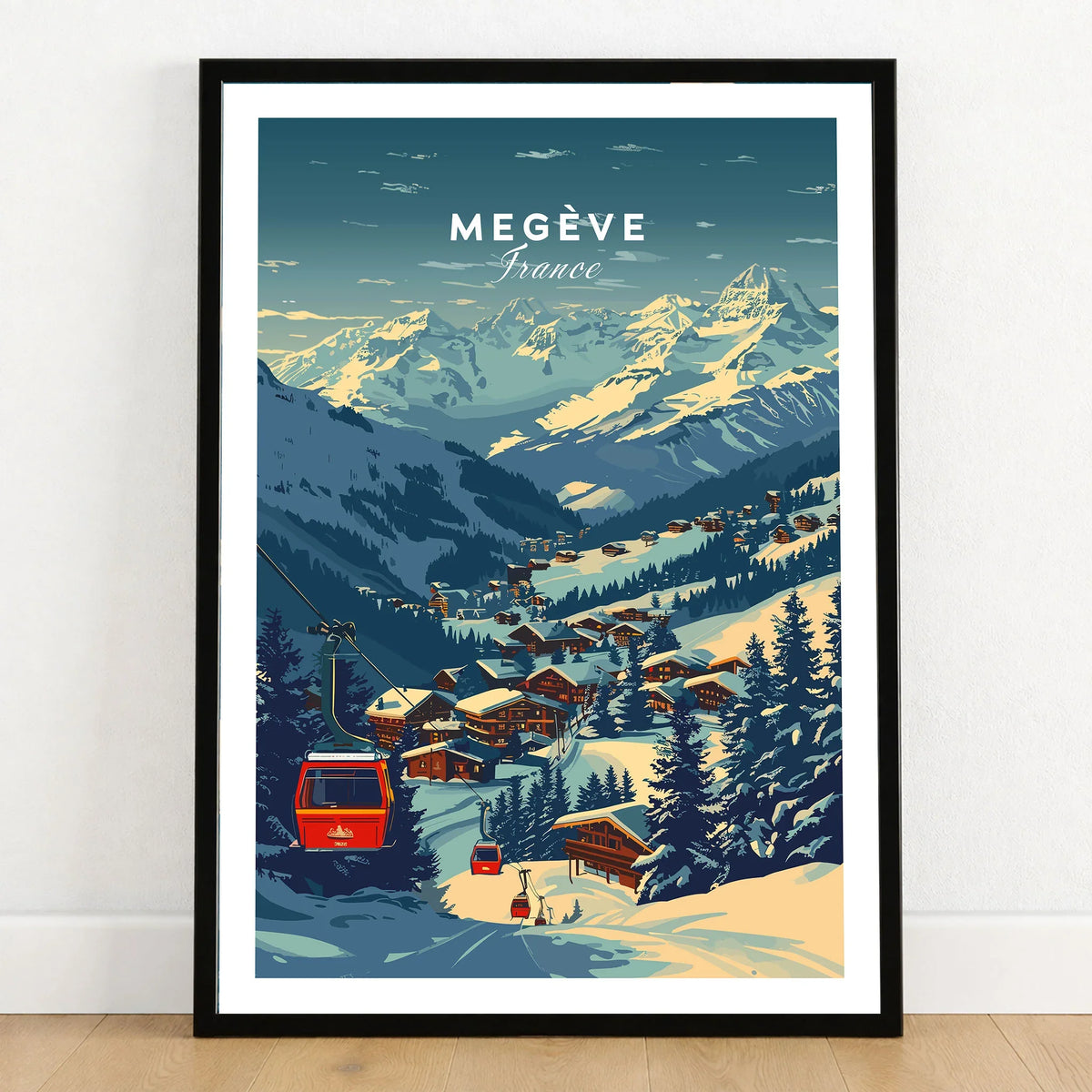 Megève Print France Ski Poster in a black wooden frame leaning against a white wall on a light wooden floor