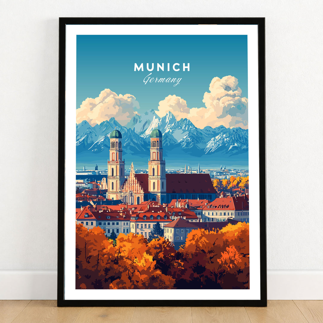 Munich Travel Print in a black wooden frame leaning against a white wall on a light wooden floor