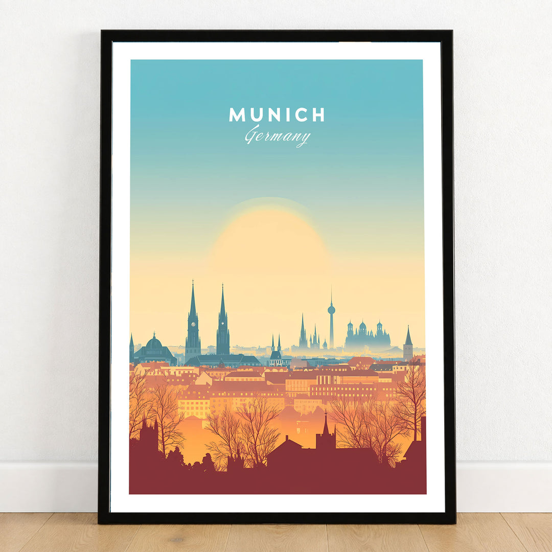 Munich Wall Art in a black wooden frame leaning against a white wall on a light wooden floor
