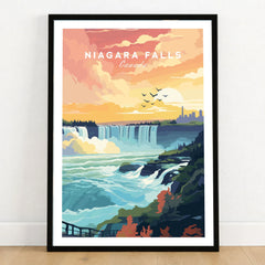 Niagara Falls Print in a black wooden frame leaning against a white wall on a light wooden floor
