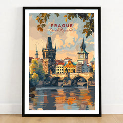 Prague Wall Art in a black wooden frame leaning against a white wall on a light wooden floor