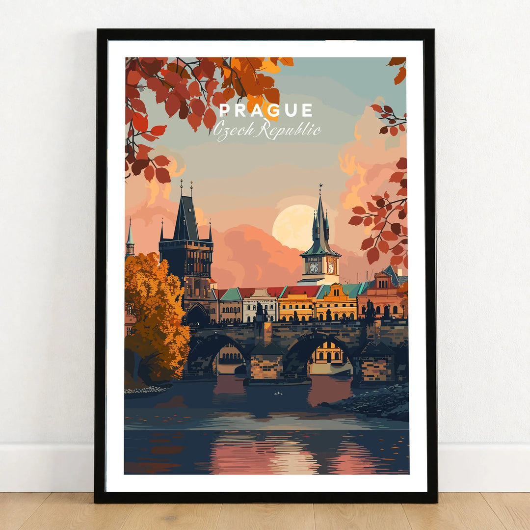 Prague Art Print in a black wooden frame leaning against a white wall on a light wooden floor