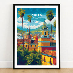 Quito Ecuador Travel Poster Cityscape Print Churches Palm Trees Andes Wall Art Decor in a black wooden frame leaning against a white wall on a light wooden floor