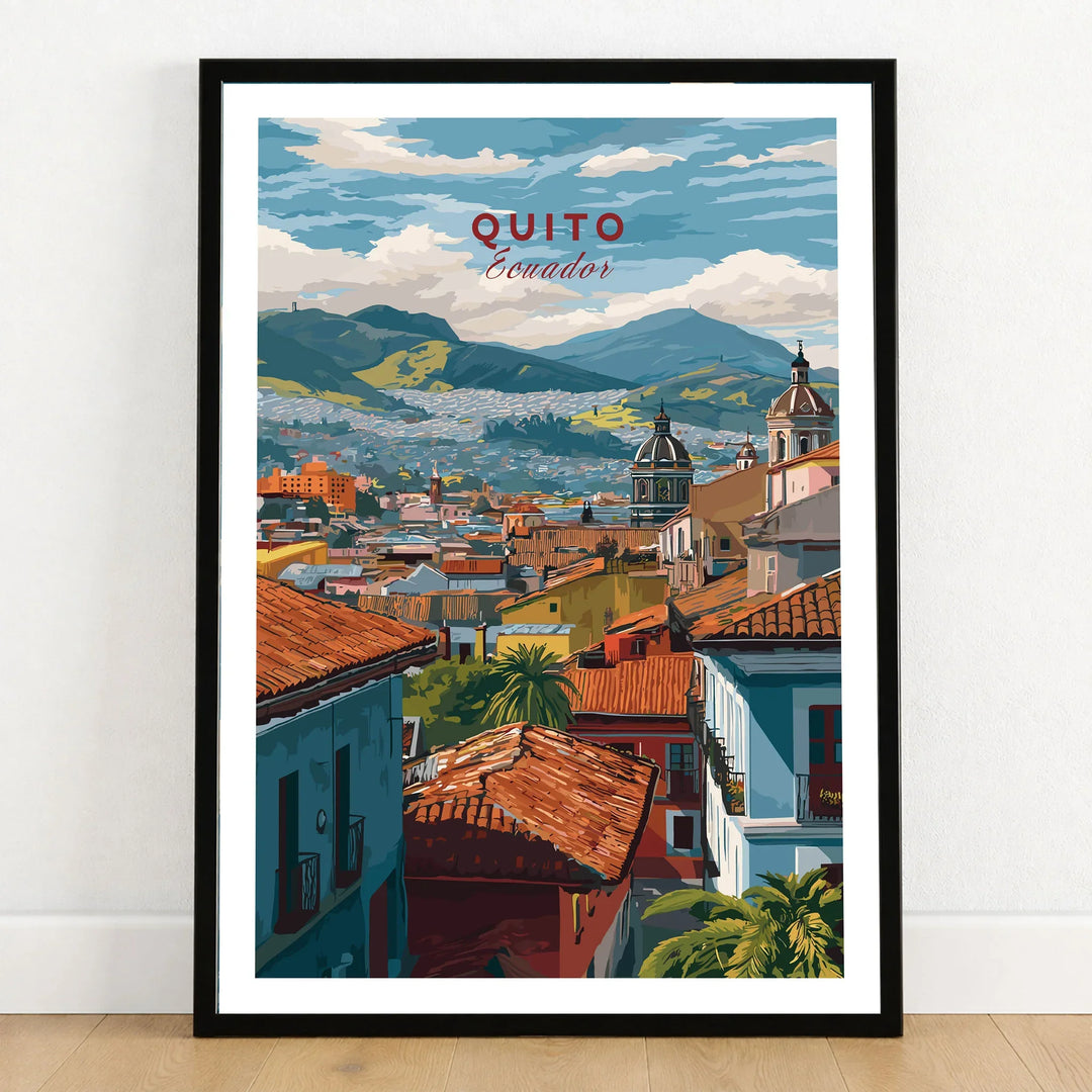 Quito Ecuador Travel Print Rooftop View Poster Cityscape Andes Hills Wall Art Decor in a black wooden frame leaning against a white wall on a light wooden floor