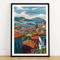 Quito Ecuador Travel Print Rooftop View Poster Cityscape Andes Hills Wall Art Decor in a black wooden frame leaning against a white wall on a light wooden floor