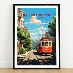 San Francisco Wall Art in a black wooden frame leaning against a white wall on a light wooden floor