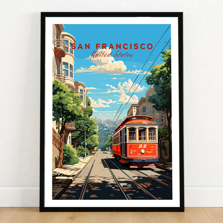 San Francisco Wall Art in a black wooden frame leaning against a white wall on a light wooden floor