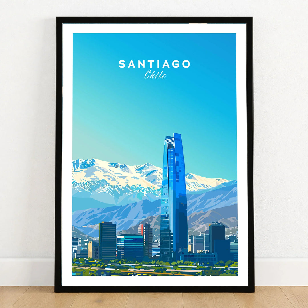 Santiago Travel Poster - Chile in a black wooden frame leaning against a white wall on a light wooden floor