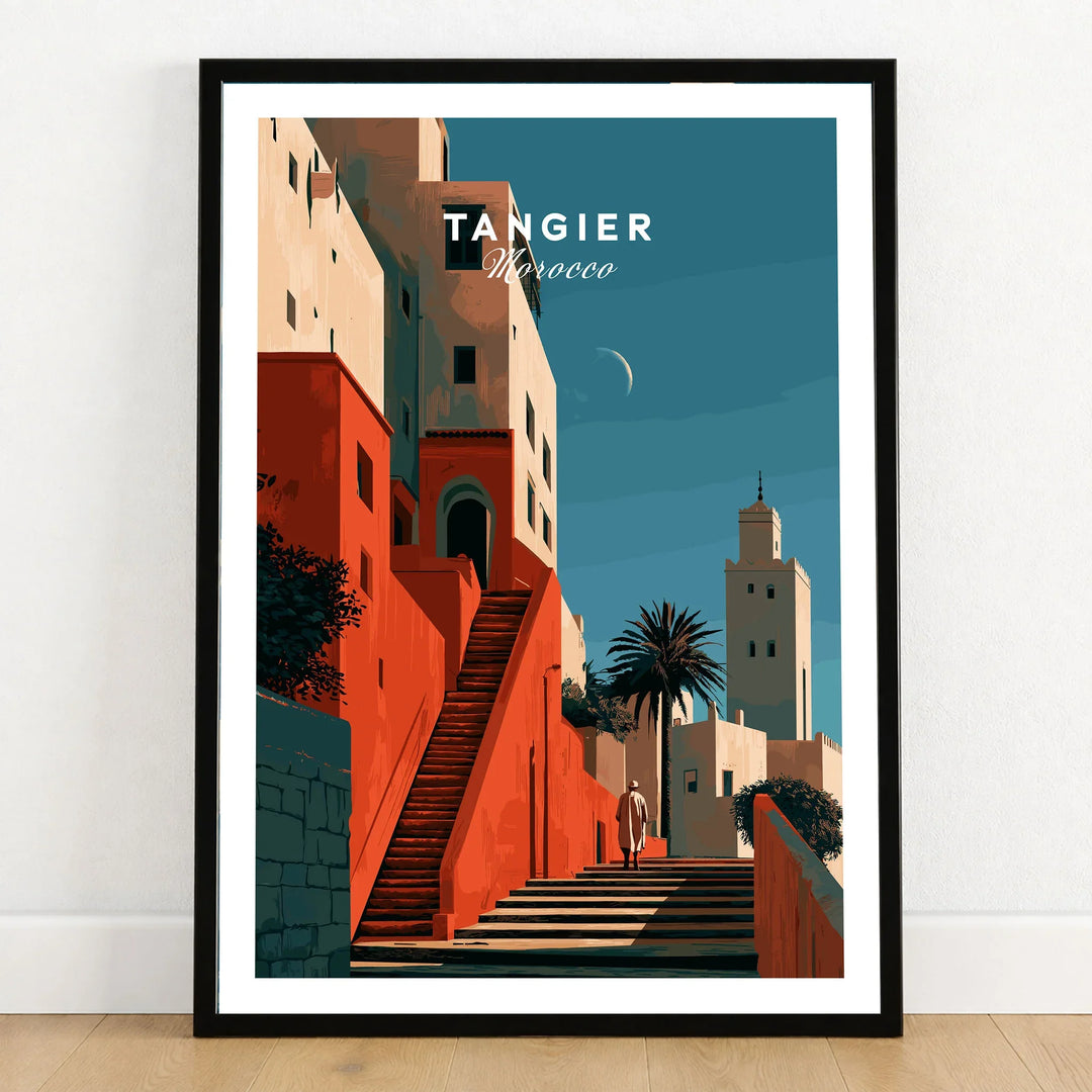 Tangier Morocco Kasbah Steps Travel Poster — coral kasbah steps climbing towards a minaret under a crescent moon, shown as art print in black frame on wooden floor