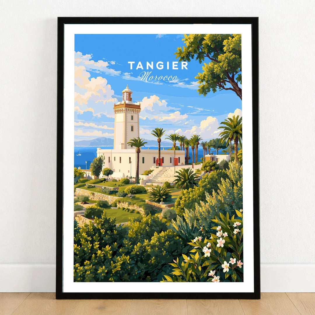 Tangier Morocco Cap Spartel Lighthouse Travel Poster — the Cap Spartel lighthouse above palm gardens and the blue strait, shown as art print in black frame on wooden floor