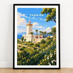 Tangier Morocco Cap Spartel Lighthouse Travel Poster — the Cap Spartel lighthouse above palm gardens and the blue strait, shown as art print in black frame on wooden floor