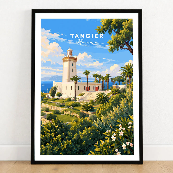 Tangier Morocco Cap Spartel Lighthouse Travel Poster — the Cap Spartel lighthouse above palm gardens and the blue strait, shown as art print in black frame on wooden floor