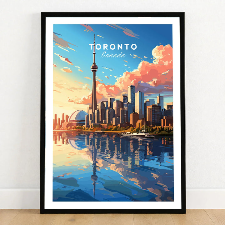 Toronto Poster in a black wooden frame leaning against a white wall on a light wooden floor