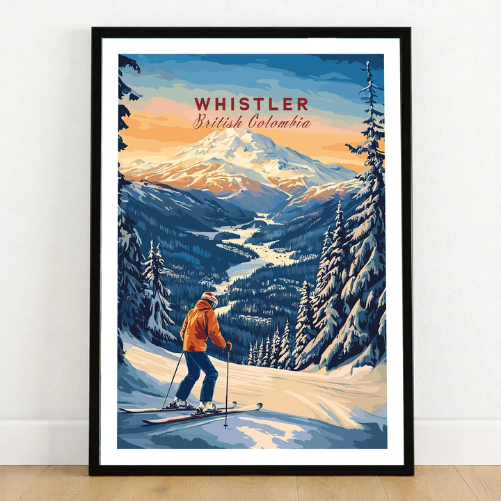 Whistler Travel Poster -  British Columbia in a black wooden frame leaning against a white wall on a light wooden floor