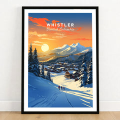Whistler Wall Art Ski Print in a black wooden frame leaning against a white wall on a light wooden floor