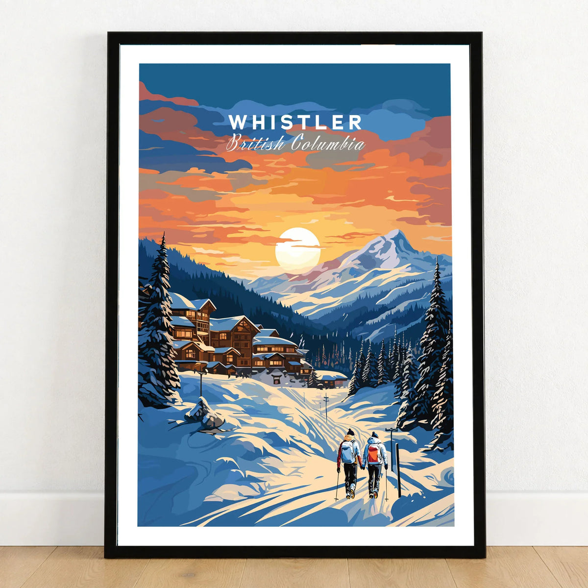 Whistler Poster in a black wooden frame leaning against a white wall on a light wooden floor