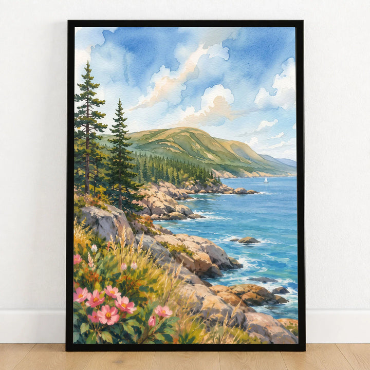 Acadia National Park rocky coastline and pines watercolour art print in a black frame on a wooden floor