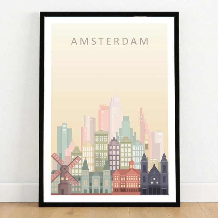 Amsterdam city skyline art print in a black frame on a wooden floor