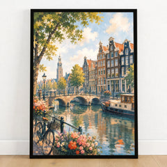 Amsterdam canal houses and bridge watercolour art print in a black frame on a wooden floor