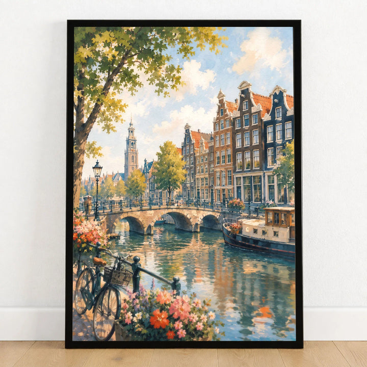 Amsterdam canal houses and bridge watercolour art print in a black frame on a wooden floor