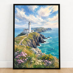Anglesey clifftop lighthouse watercolour art print in a black frame on a wooden floor