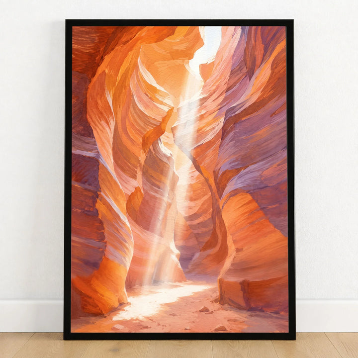 Antelope Canyon slot canyon light beam watercolour art print in a black frame on a wooden floor