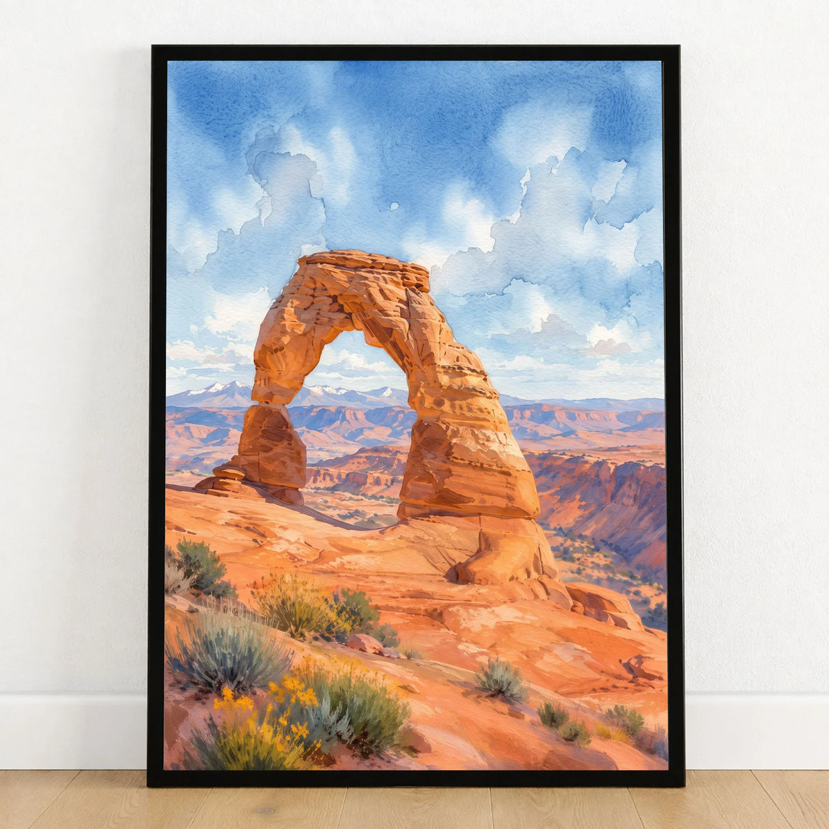 Arches National Park Delicate Arch watercolour art print in a black frame on a wooden floor