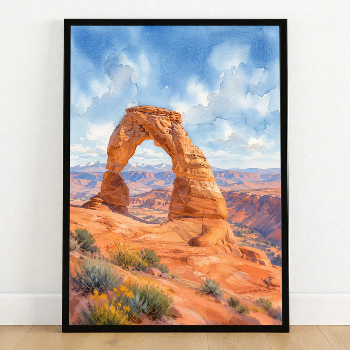 Arches National Park Delicate Arch watercolour art print in a black frame on a wooden floor
