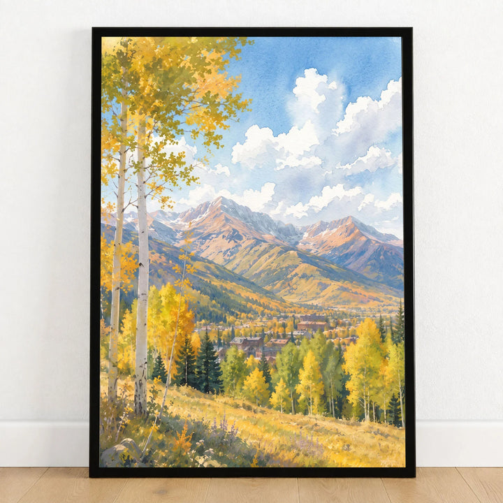 Aspen golden aspen trees and mountains watercolour art print in a black frame on a wooden floor