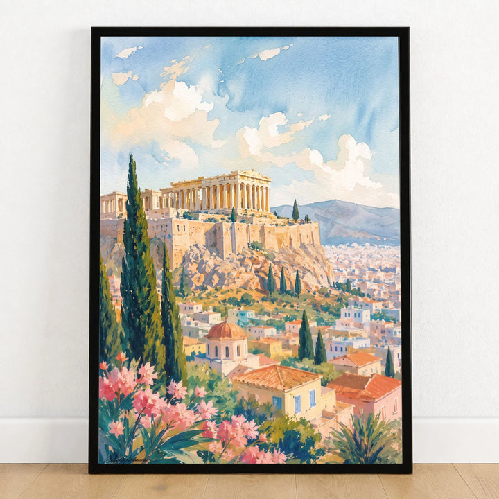 Athens Acropolis and Parthenon watercolour art print in a black frame on a wooden floor