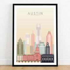 Austin city skyline art print in a black frame on a wooden floor