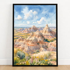Badlands National Park striped eroded buttes watercolour art print in a black frame on a wooden floor