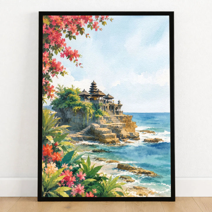 Bali Tanah Lot sea temple watercolour art print in a black frame on a wooden floor