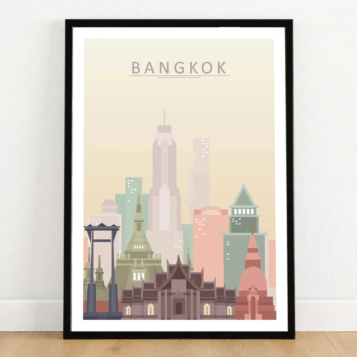 Bangkok city skyline art print in a black frame on a wooden floor