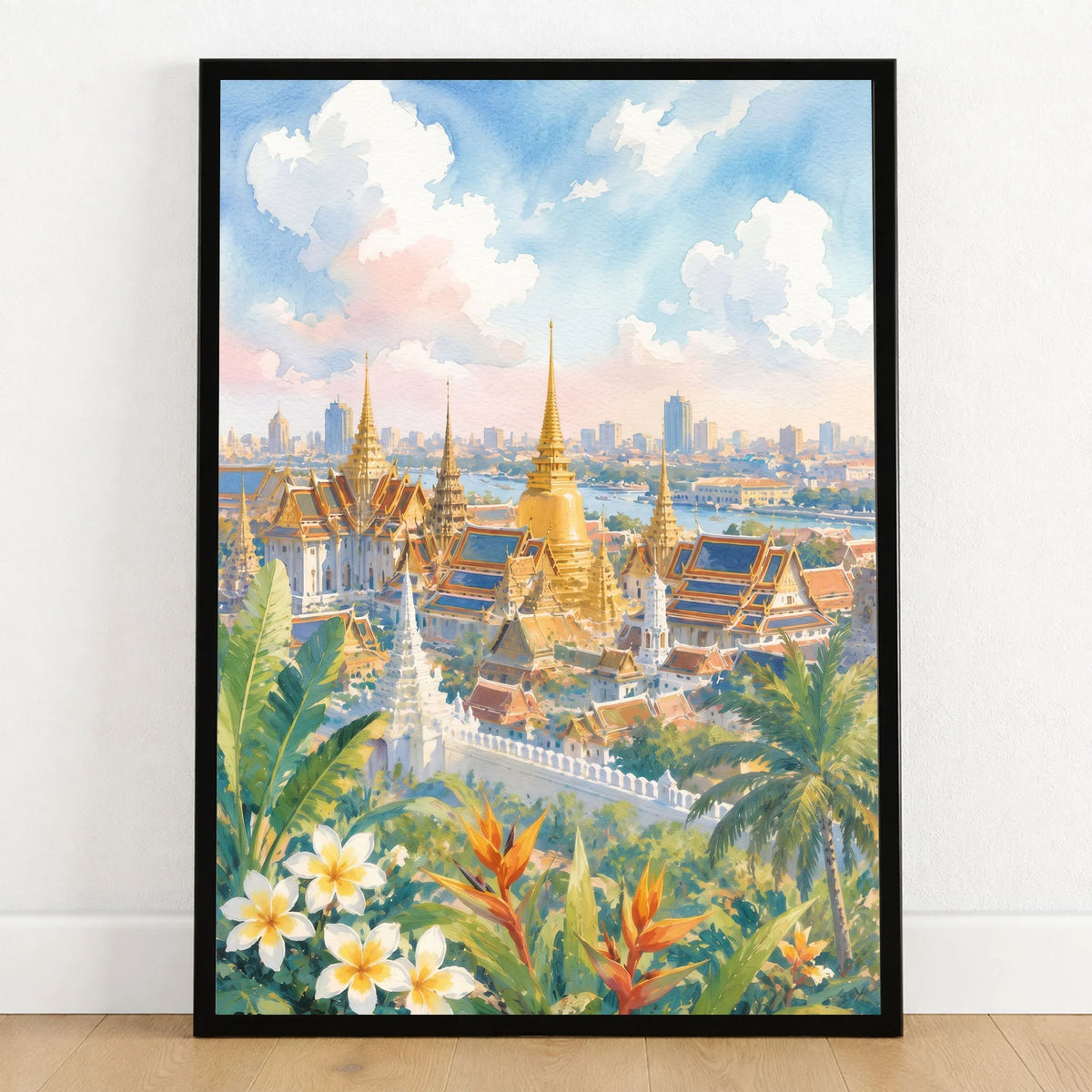 Bangkok Grand Palace golden temples watercolour art print in a black frame on a wooden floor