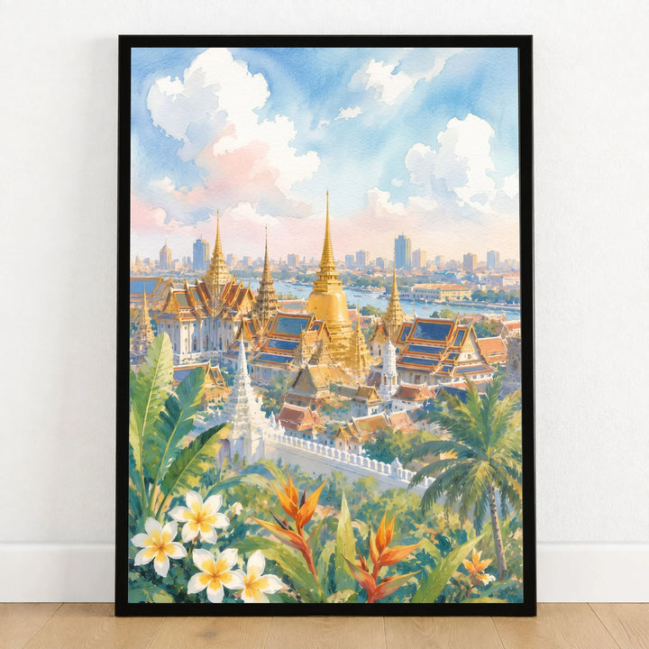 Bangkok Grand Palace golden temples watercolour art print in a black frame on a wooden floor