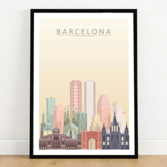 Barcelona city skyline art print in a black frame on a wooden floor