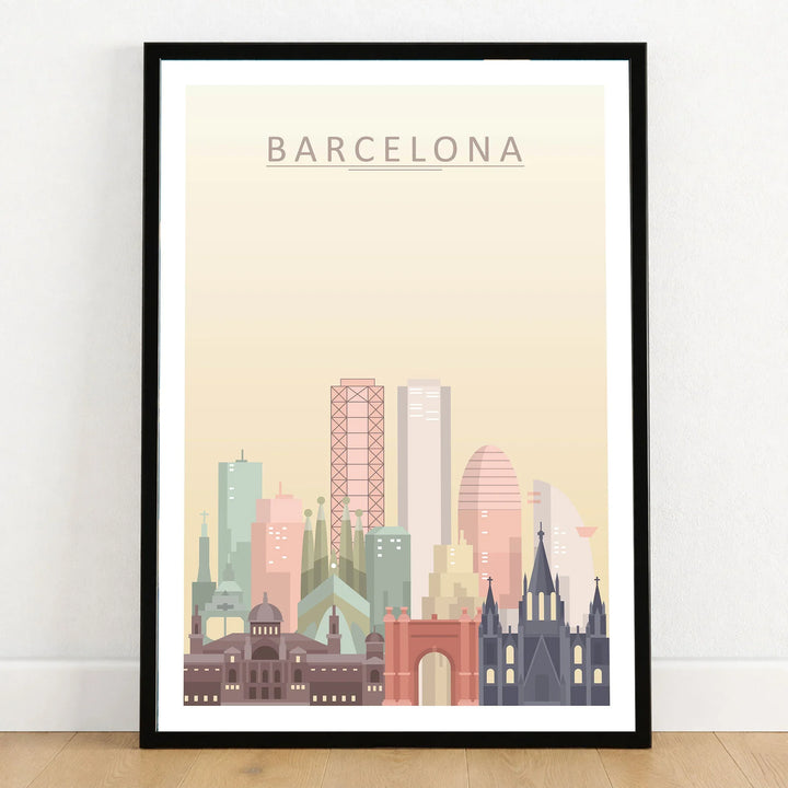 Barcelona city skyline art print in a black frame on a wooden floor
