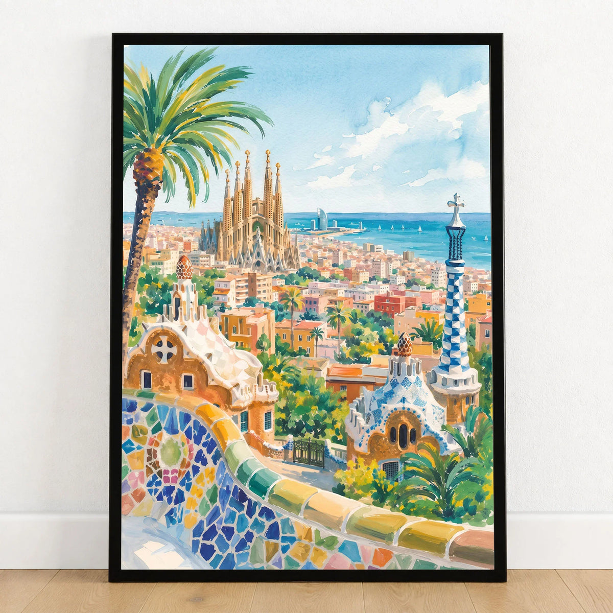 Barcelona Park Güell and Sagrada Família watercolour art print in a black frame on a wooden floor