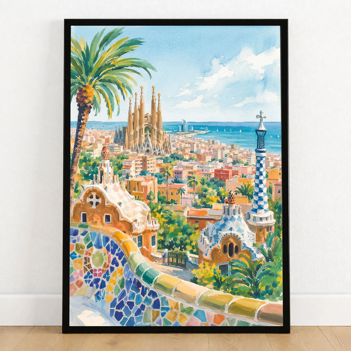 Barcelona Park Güell and Sagrada Família watercolour art print in a black frame on a wooden floor