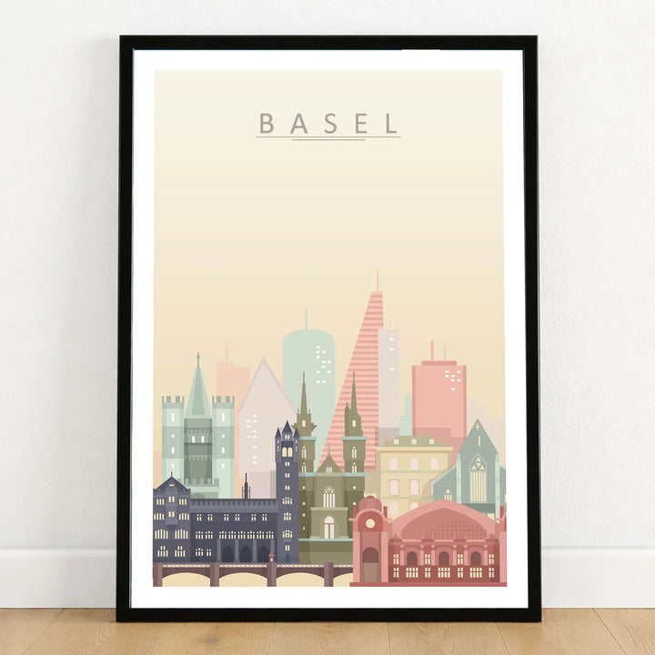 Basel city skyline art print in a black frame on a wooden floor
