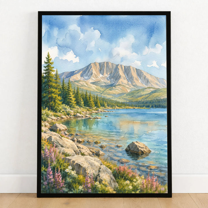 Baxter State Park Mount Katahdin and lake watercolour art print in a black frame on a wooden floor